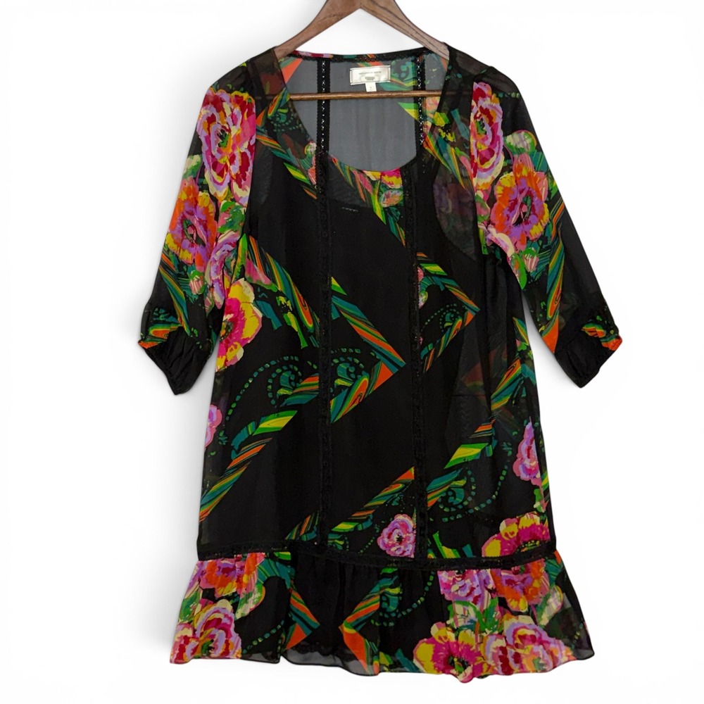Anthropologie‎ Moulinette Soeurs Dress S Black Floral 100% Silk Ruffle Lace Boho